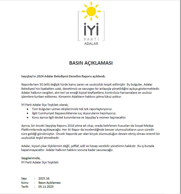 İYİ Parti'den Adalar Belediyesi Hakkında Sayıştay Raporu Açıklaması: "50 Usulsüzlük Tespit Edildi"