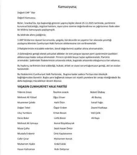 İstanbul’un CHP İlçe Eski Başkanlarından “Arınma” Çağrısı: “Pirincin İçindeki Beyaz Taşlar Ayıklanmalıdır”