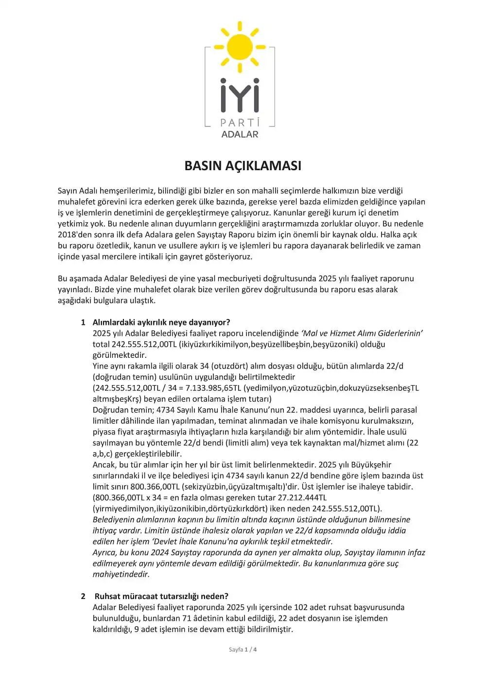 İyi Parti’den Adalar Belediyesi’ne '2025 Faaliyet Raporu' Tepkisi: "Usulsüz Alımlar Ve Milyonlarca Lira Kamu Zararı Var"
