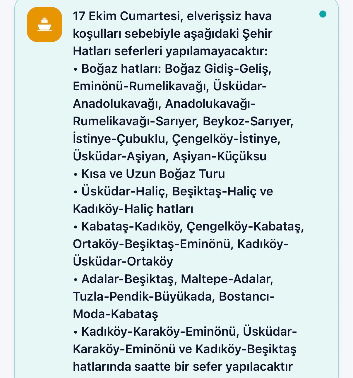 Elverişsiz Hava Koşulları Nedeniyle 17 Ekim Cumartesi Günü Çok Sayıda Şehir Hatları Seferi İptal Edildi