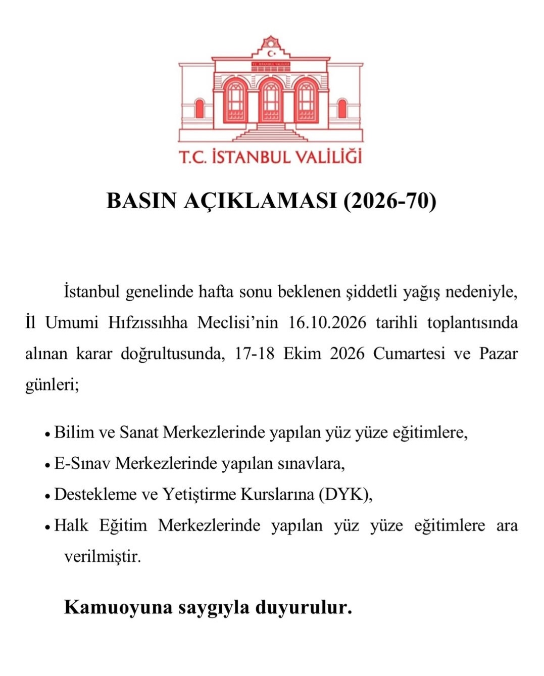 İstanbul’da Şiddetli Yağış Önlemi: Hafta Sonu Kurslara, Yüz Yüze Eğitimlere ve E-Sınavlara Ara